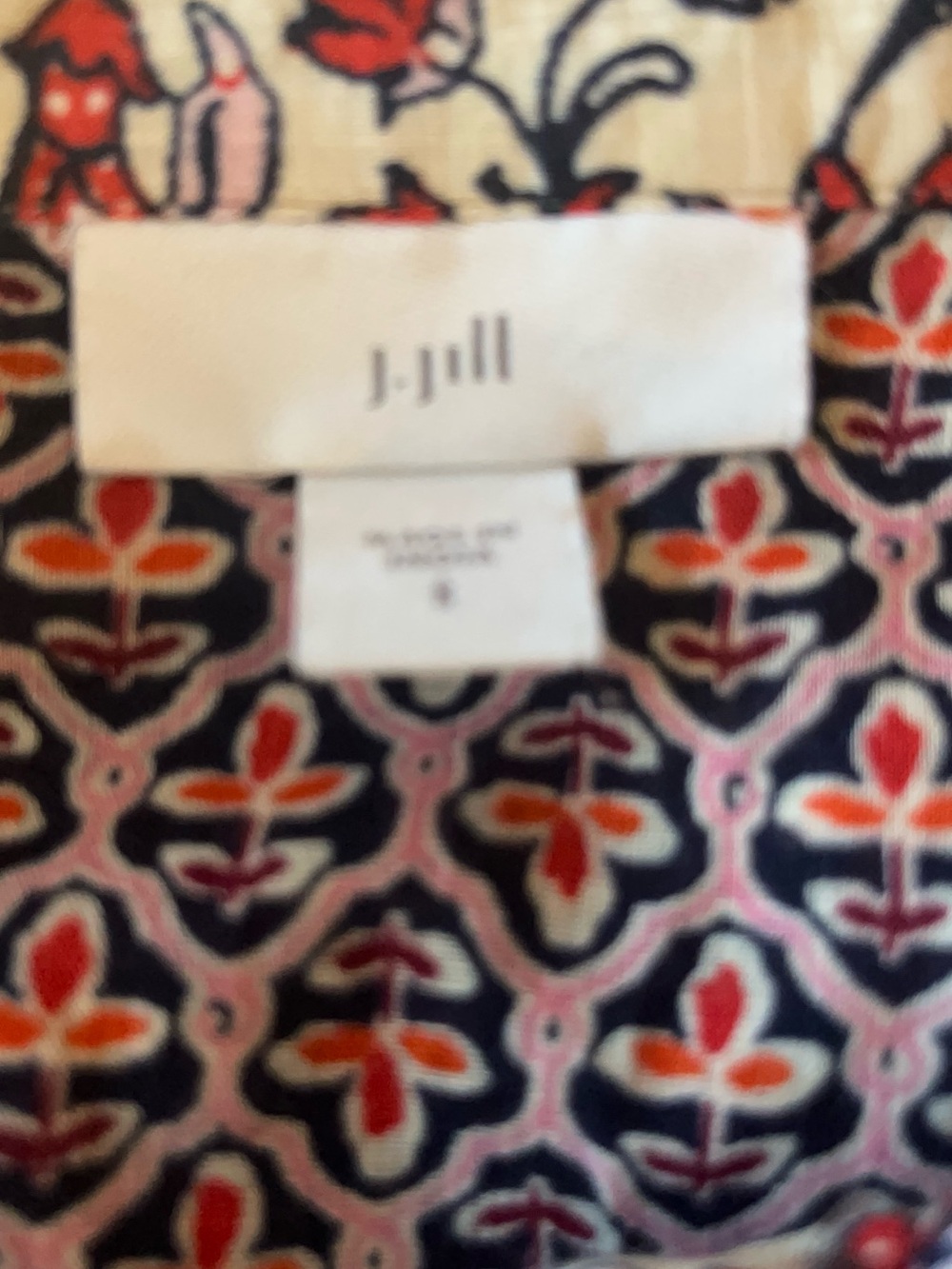 J. Jill Navy Blouse with Pink and Orange Floral Print
